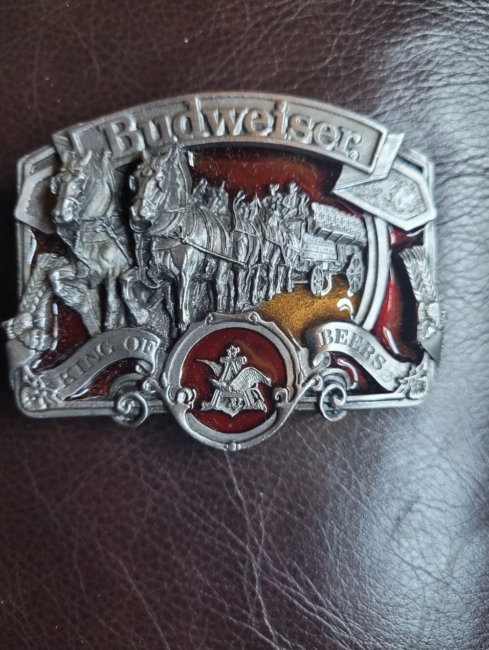 Budweiser Silver-Tone Belt Buckle with Red Enamel Accents